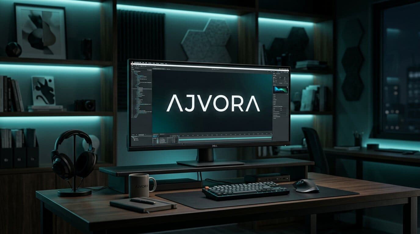 AJVORA premium dark computer monitor workspace design setting